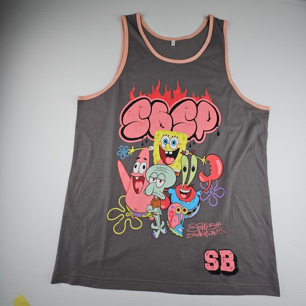 Nickelodeon Spongebob Squarepants Graphic Tank Top Gray Peach Streetwear Mens M
